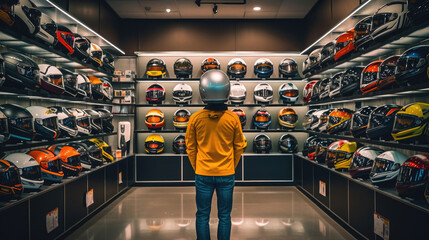 A display of motorbike helmets in a shop - obrazy, fototapety, plakaty