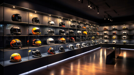 A display of motorbike helmets in a shop - obrazy, fototapety, plakaty
