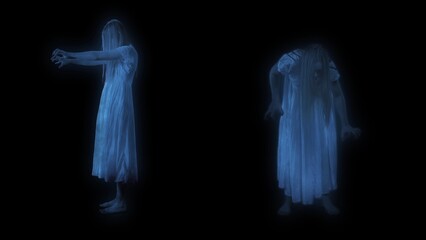 Full-size shot capturing two female figures, poltergeist, ghost silhouettes, hologram in front and side view. Black background.