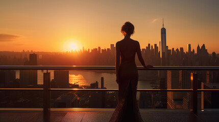 Fototapeta premium A woman stands on a lavish balcony, framed by the warm hues of a setting sun