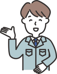 作業服にネクタイをした男性がこちらと案内しているイラスト