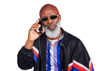 Senior black man, retro fashion or phone call in cool outfit talking isolated on png transparent background. Sunglasses, chain or mature African person in vintage streetwear in mobile communication