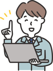 作業服にネクタイをした男性がパソコンを持って案内しているイラスト