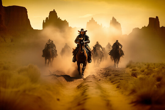 Wilder Westen Amerika - Gruppe Cowboys zu Pferd in der Wüste