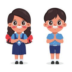 Cute cartoon indian kid student doing namaste and greeting. Back to school india.