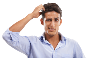 Confused man, scratching head and doubt for decision or choice isolated on a transparent png background. Male model, hand and question for solution or mistake with stress for explanation for problem