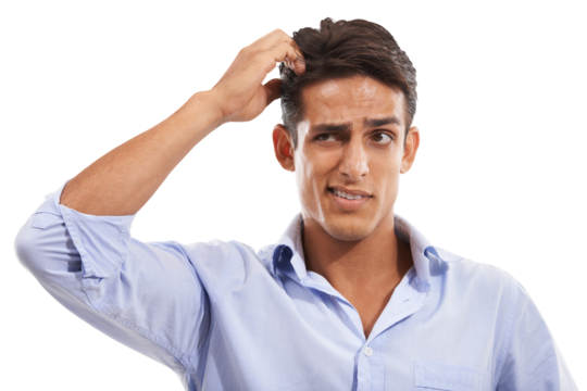 Confused man, scratching head and doubt for decision or choice isolated on a transparent png background. Male model, hand and question for solution or mistake with stress for explanation for problem