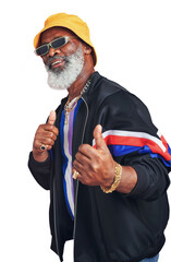 Portrait, fashion and thumbs up with a senior black man isolated on a transparent background for...