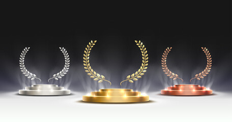 Awards nomination name podium, awards golden prize event, first place, second place, third place, scene star ceremony. Vector illustration