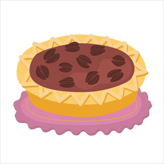 Pecan pie delicious cake with small slices Pecan pie on VIOLET plate on white background to celebrate National Pecan Pie Day on July 12. Thanksgiving Day