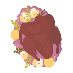 Roasted turkey isolated on a white background. Vector illustration of a fried turkey with apples , rosemary on a plate. Traditional Thanksgiving dinner vector illustration.