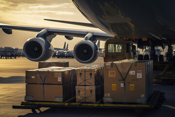Military Arsenal Unloading Ammunition Boxes at a Strategic Airbase. created with Generative AI