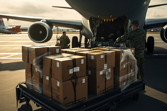 Military personnel unloading cargo airport tarmac logistics operations daylight ground perspective efficiency in transport