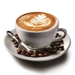 Cup of coffee with latte art and coffee beans on white background