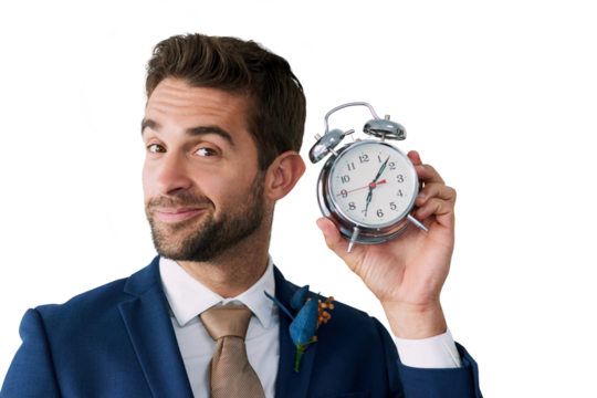 Portrait, smile and clock for time with a groom isolated on a transparent background for his wedding. Face, fashion and waiting with a happy young man on PNG for his marriage ceremony or event