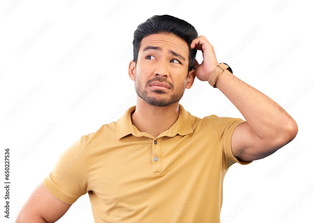 Aufkleber confused, thinking and man with a question, why or decision for problem solving on isolated, transpa