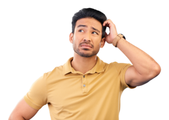 Confused, thinking and man with a question, why or decision for problem solving on isolated, transparent or png background. Face, remember and asian person unsure about memory, ideas or mistake
