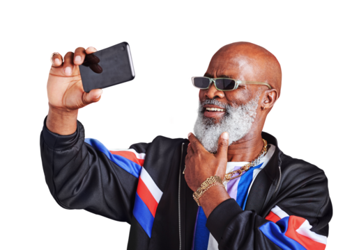 Fashion, selfie and senior man with a smile, connection or vintage style isolated on transparent background. African person, mature guy or model with a profile picture, new post or happiness with png