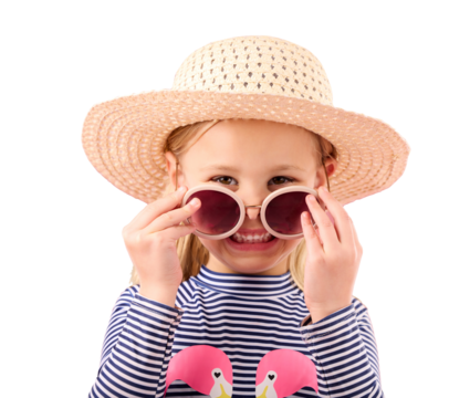 Sunglasses, vacation and portrait of child with smile and fashion isolated in transparent or png background. Travel, face and kid or girl ready for summer, holiday and style for children in Australia