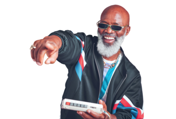Dance, fashion and senior man with cassette player, smile and retro clothes isolated on a transparent background. Pointing, mature person or old model with vintage outfit, pensioner and png with tape
