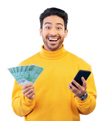Happy asian man, money and phone in winning, lottery or celebration isolated on a transparent PNG...