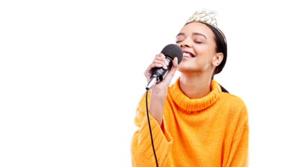 Crown, singing and woman with microphone for music, recording and karaoke performance. Happy, tiara and person with mic for speech, announcement and talk on isolated, png and transparent background