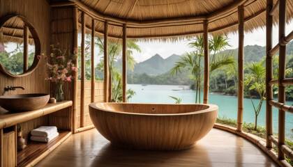 Salle de bain asiatique en bambou d'un un hôtel de luxe avec vue panoramique sur la nature