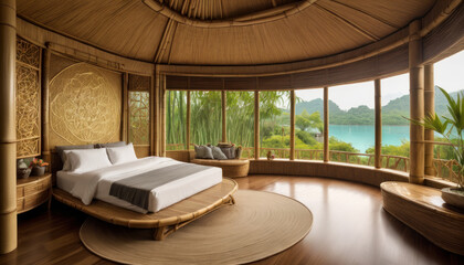Chambre luxueuse en bambou avec vue panoramique sur la jungle en Asie