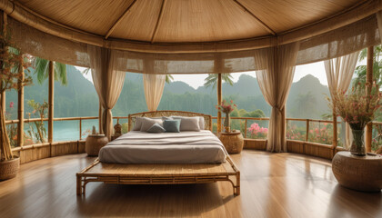 Chambre asiatique luxueuse en bambou avec vue panoramique sur la jungle en Asie