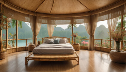 Fototapeta premium Chambre asiatique luxueuse en bambou avec vue panoramique sur la jungle en Asie