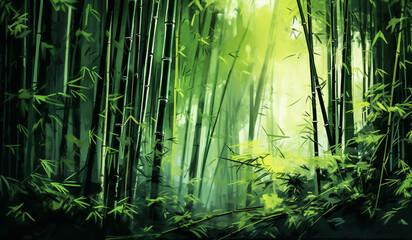 Soft illustration of bamboo forest in the morning. AI generated