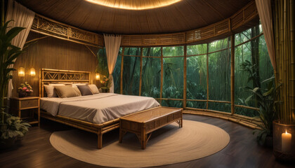 Chambre à l'architecture asiatique en bambou dans un hôtel de luxe au milieu de la jungle