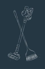 Cordless vacuum cleaner and flat broom drawing in graphic style on blue background
