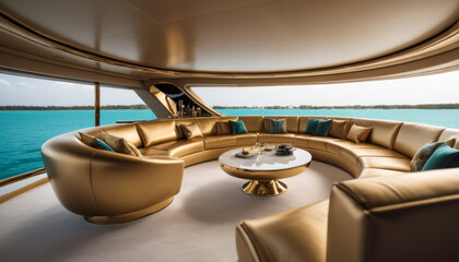Canapé courbe, doré et luxueux sur un yacht avec vue panoramique sur le lagon