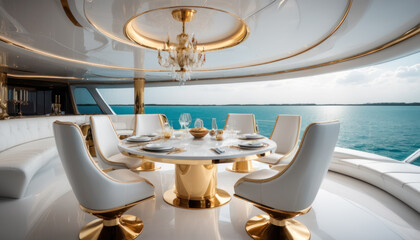 Salle à manger luxueuse sur un yacht avec vue panoramique - obrazy, fototapety, plakaty