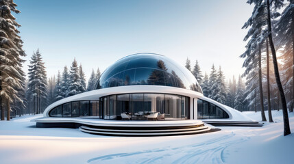 Maison de luxe futuriste avec un dôme de verre dans une forêt enneigée en hiver