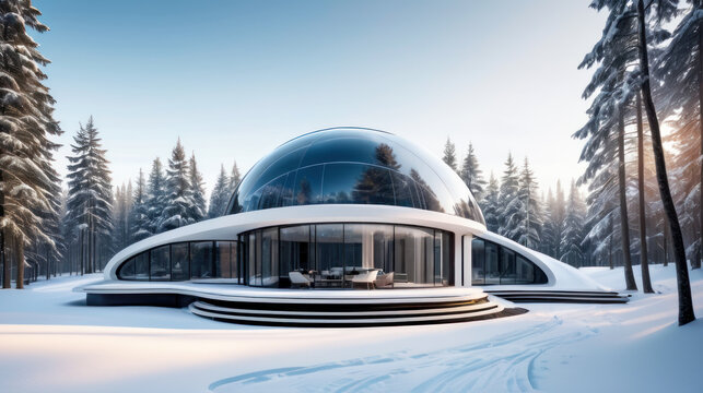 Maison de luxe futuriste avec un d&ocirc;me de verre dans une for&ecirc;t enneig&eacute;e en hiver