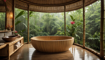 Salle de bain asiatique en bambou d'un un hôtel de luxe dans la jungle