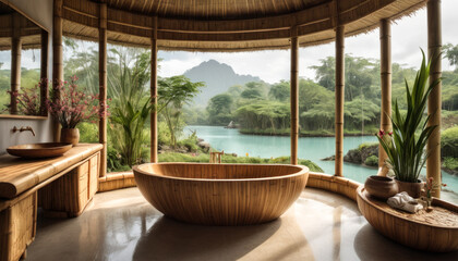 Salle de bain et baignoire en bambou dans un hôtel de luxe en asie avec vue panoramique sur la jungle