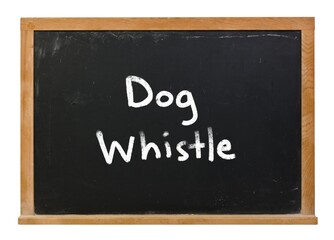 Fototapeta premium Dog whistle written in white chalk on a black chalkboard isolated on white