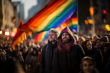 Fototapeta na wymiar Side view of two mature gay men with rainbow flag at lgbt demonstration