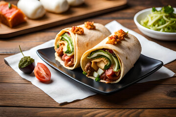 a mouthwatering and photorealistic illustration of a classic beef burrito with all its delicious ingredients spilling out | Generative AI - obrazy, fototapety, plakaty
