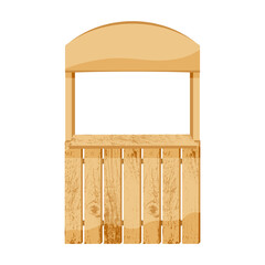 Wooden market stall for outdoor trading. Wooden booth for market sale, fair. Vector illustration.