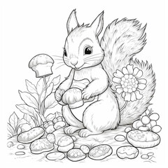 a happy squirrel free in nature, line drawing, take care of the planet, environment, pollution, take care of the animals