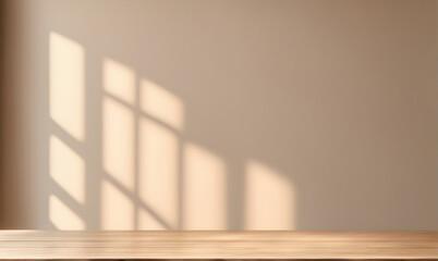 Wooden table and sunlit wall, product mockup template