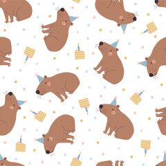Cute capybara Birthday party - vector seamless pattern in flat style.