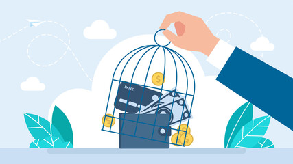 Money inside of birdcage. Businessman opens money, dollar coins out from cage. The metaphor of financial freedom, freedom of wealth. Seizure, release from seizure of property. Flat illustration - obrazy, fototapety, plakaty