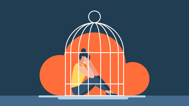 Woman locked in a cage. Sad woman in the cage. The sad girl needs psychological help. Female empowerment movement. Violence in the family. Girl in depression in jail and prison. Flat illustration