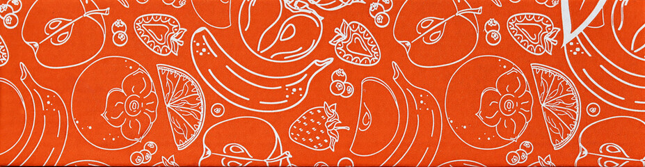 background of orange cardboard box with line art style fruits. Abstract creative food in minimalism...