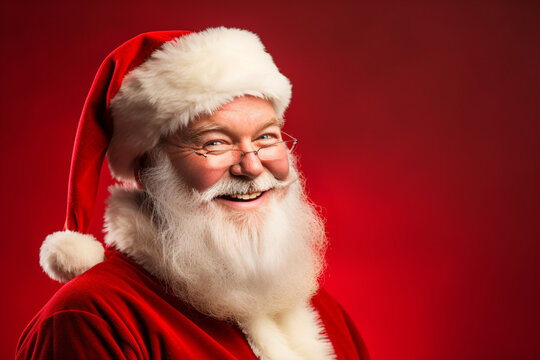 Portrait of attractive smiling white-haired Santa on red background - Powered by Adobe